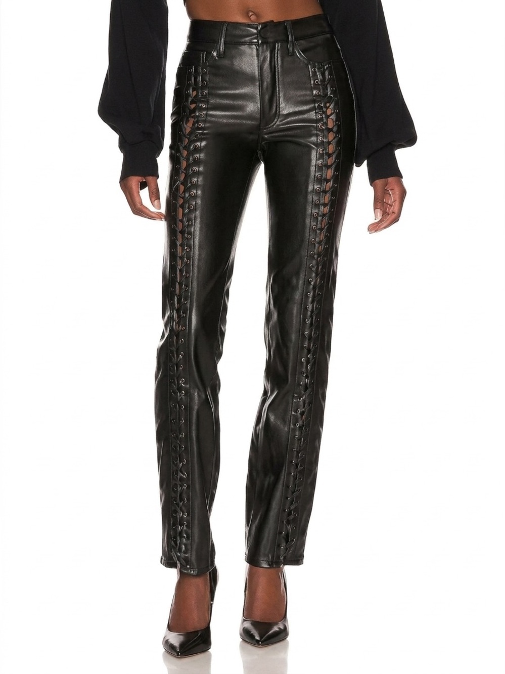 Good American Black Faux Leather Lace-Up Pants Size 4